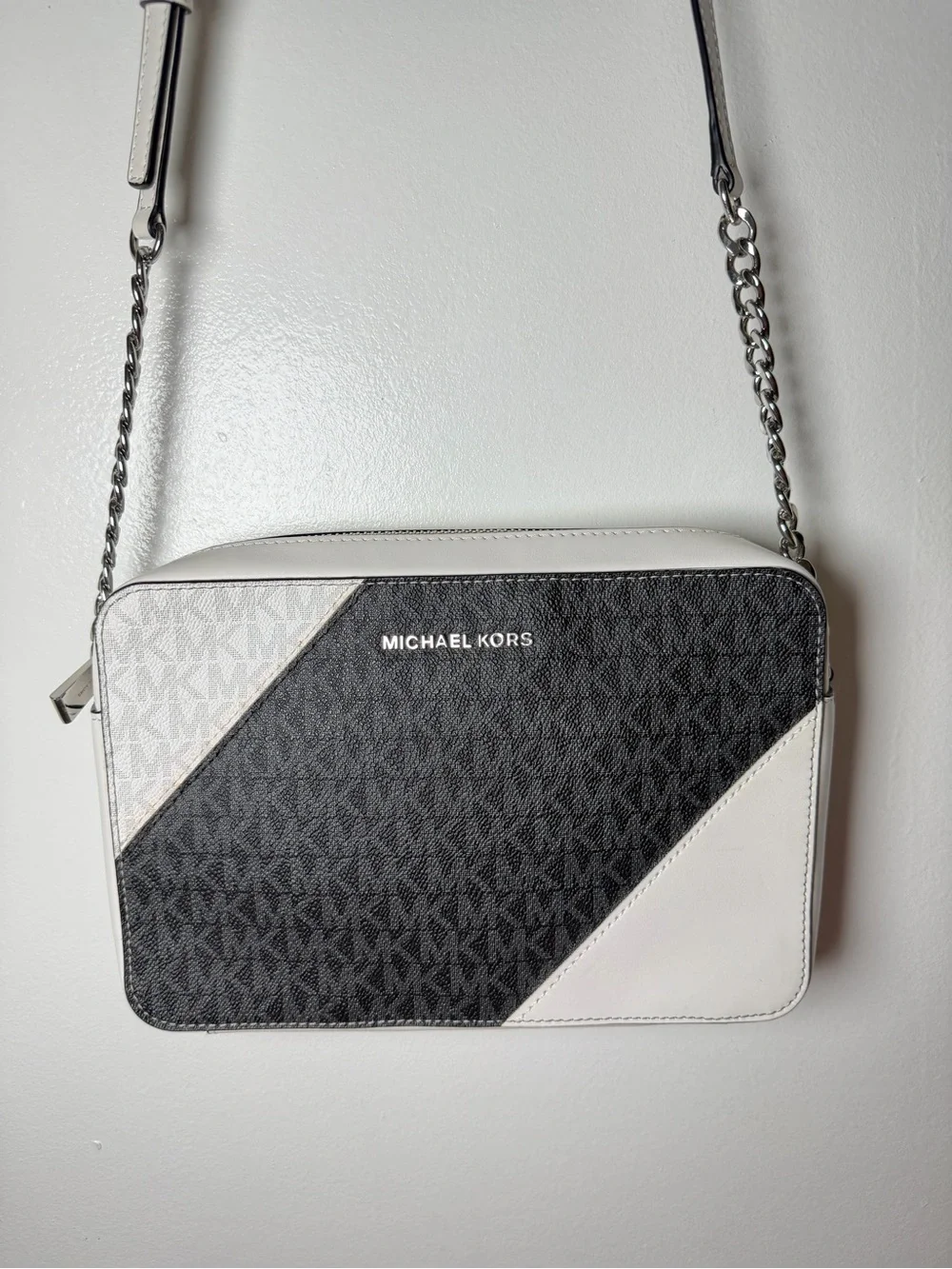 Michael Kors Black and White Diagonal Colorblock Messenger Bag